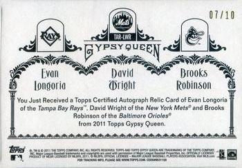 2011 Topps Gypsy Queen - Triple Relic Autographs #TAR-LWR Evan Longoria / David Wright / Brooks Robinson Back