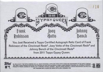 2011 Topps Gypsy Queen - Triple Relic Autographs #TAR-RVB Frank Robinson / Joey Votto / Johnny Bench Back