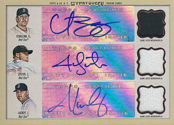 2011 Topps Gypsy Queen - Triple Relic Autographs #TAR-SLL Curt Schilling / Jon Lester / John Lackey Front
