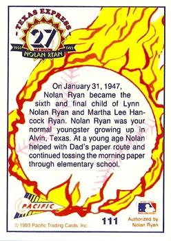 1993 Pacific Texas Express #111 Nolan Ryan Back