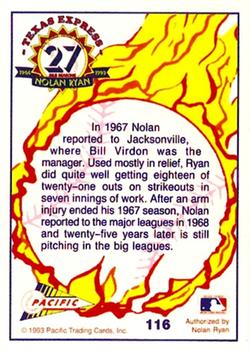 1993 Pacific Texas Express #116 Nolan Ryan Back