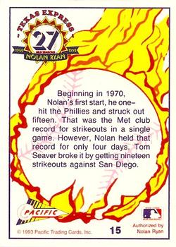 1993 Pacific Texas Express #15 Nolan Sets a Mets Record for Strikeouts Back