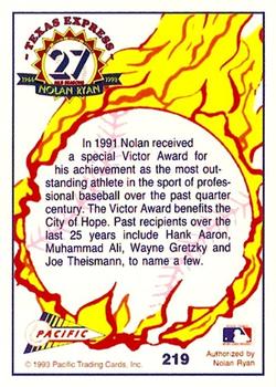 1993 Pacific Texas Express #219 Nolan Receives the Victor Award Back