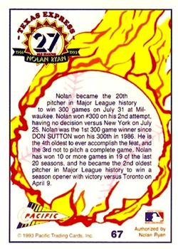 1993 Pacific Texas Express #67 20th Pitcher to Win 300 Back