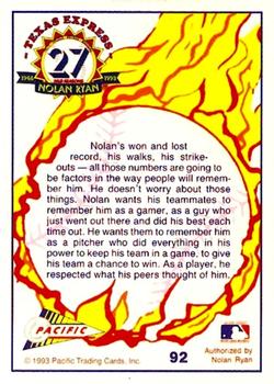 1993 Pacific Texas Express #92 Nolan's a Real Gamer Back