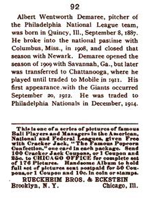 1983 1915 Cracker Jack (reprint) #92 Al Demaree Back