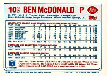 1992 Topps Dairy Queen Team USA #10 Ben McDonald Back