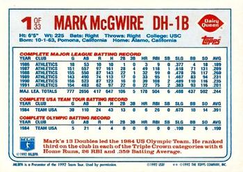 1992 Topps Dairy Queen Team USA #1 Mark McGwire Back