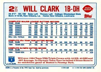 1992 Topps Dairy Queen Team USA #2 Will Clark Back