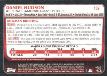 2011 Bowman #102 Daniel Hudson Back