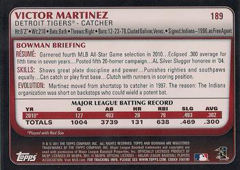 2011 Bowman #189 Victor Martinez Back