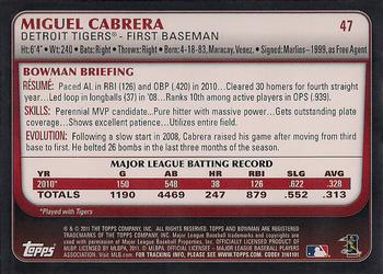 2011 Bowman #47 Miguel Cabrera Back