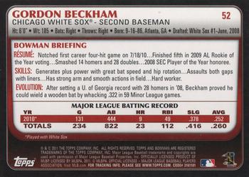 2011 Bowman #52 Gordon Beckham Back