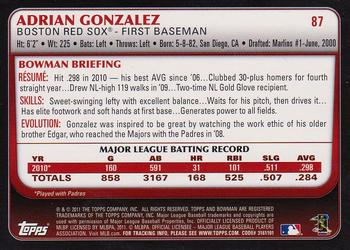 2011 Bowman #87 Adrian Gonzalez Back