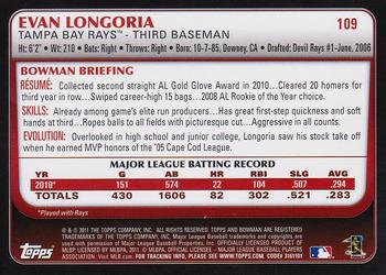 2011 Bowman #109 Evan Longoria Back