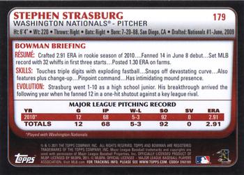 2011 Bowman #179 Stephen Strasburg Back