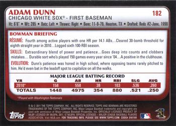 2011 Bowman #182 Adam Dunn Back