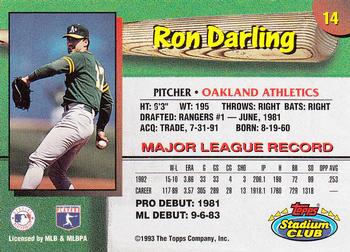 1993 Stadium Club Oakland Athletics #14 Ron Darling  Back