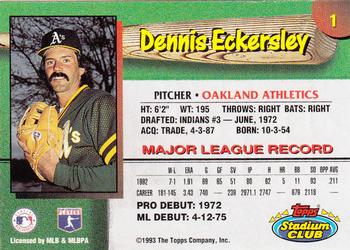 1993 Stadium Club Oakland Athletics #1 Dennis Eckersley  Back