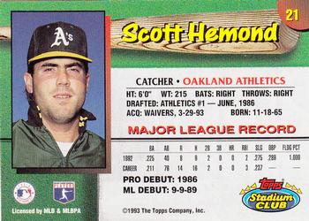 1993 Stadium Club Oakland Athletics #21 Scott Hemond  Back