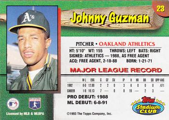 1993 Stadium Club Oakland Athletics #23 Johnny Guzman  Back