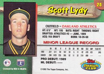 1993 Stadium Club Oakland Athletics #24 Scott Lydy  Back