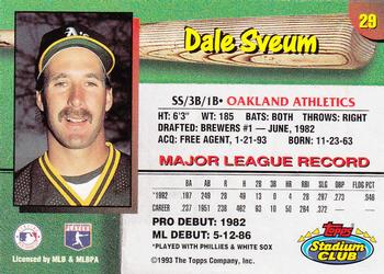 1993 Stadium Club Oakland Athletics #29 Dale Sveum  Back