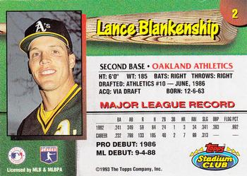 1993 Stadium Club Oakland Athletics #2 Lance Blankenship  Back