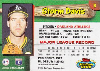 1993 Stadium Club Oakland Athletics #6 Storm Davis  Back