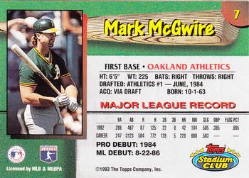 1993 Stadium Club Oakland Athletics #7 Mark McGwire  Back