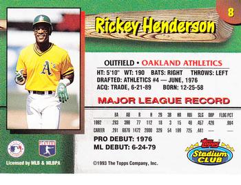 1993 Stadium Club Oakland Athletics #8 Rickey Henderson  Back