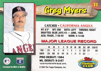 1993 Stadium Club California Angels #11 Greg Myers  Back