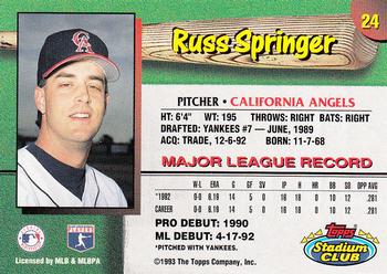 1993 Stadium Club California Angels #24 Russ Springer  Back