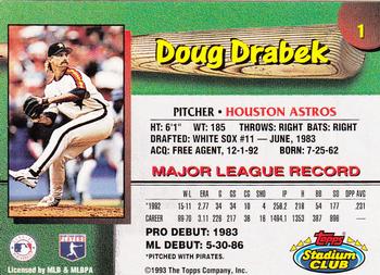 1993 Stadium Club Houston Astros #1 Doug Drabek  Back