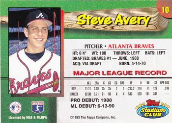 1993 Stadium Club Atlanta Braves #10 Steve Avery  Back
