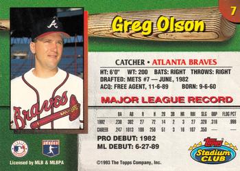 1993 Stadium Club Atlanta Braves #7 Greg Olson  Back
