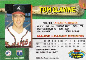 1993 Stadium Club Atlanta Braves #1 Tom Glavine  Back