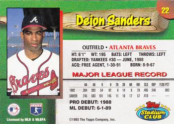 1993 Stadium Club Atlanta Braves #22 Deion Sanders  Back
