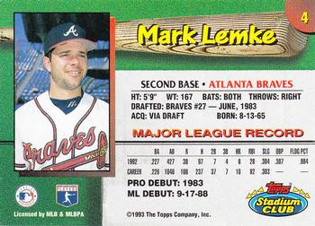 1993 Stadium Club Atlanta Braves #4 Mark Lemke  Back