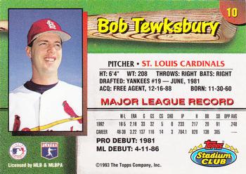 1993 Stadium Club St. Louis Cardinals #10 Bob Tewksbury  Back
