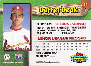 1993 Stadium Club St. Louis Cardinals #11 Darrel Deak  Back