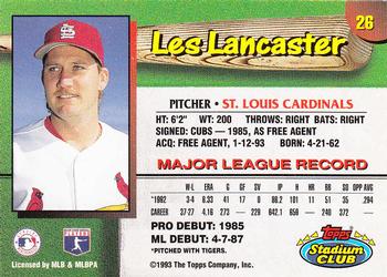 1993 Stadium Club St. Louis Cardinals #26 Les Lancaster  Back