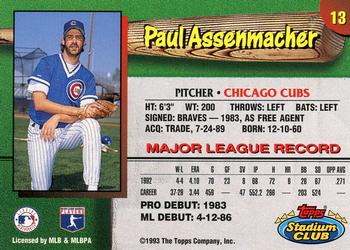 1993 Stadium Club Chicago Cubs #13 Paul Assenmacher  Back