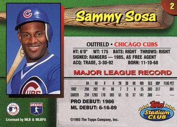 1993 Stadium Club Chicago Cubs #2 Sammy Sosa  Back