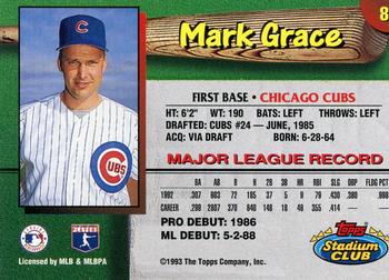 1993 Stadium Club Chicago Cubs #8 Mark Grace  Back