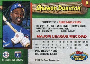 1993 Stadium Club Chicago Cubs #9 Shawon Dunston  Back