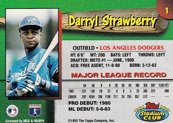 1993 Stadium Club Los Angeles Dodgers #1 Darryl Strawberry Back