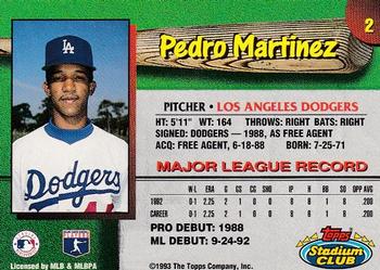 1993 Stadium Club Los Angeles Dodgers #2 Pedro Martinez Back