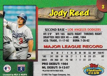 1993 Stadium Club Los Angeles Dodgers #3 Jody Reed Back