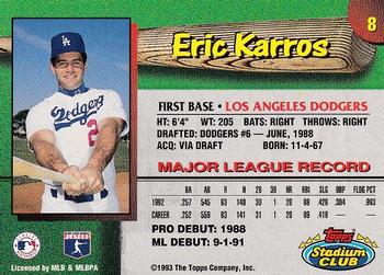 1993 Stadium Club Los Angeles Dodgers #8 Eric Karros Back